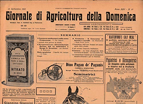 Giornale di Agricoltura della Domenica N° 37, I consorzi stallonieri nella zona Cremonese, Esposizione circondariale bovina a Borgo S. Donnino (Parma),Concorso di Bovini e Cavalli a Cremona, rare pubblicita settoriali di epoca.