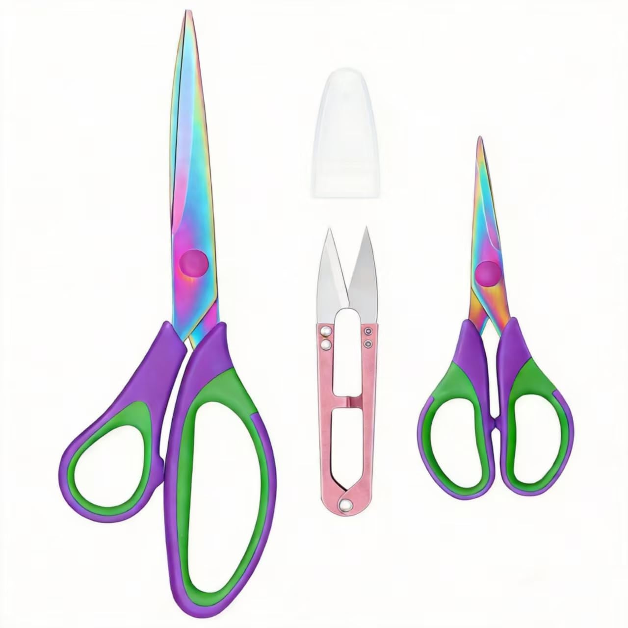 Frepxzlk Fabric Scissors with Titanium Sharp Stainless Steel Blades and Soft-Grip Handles, Suitable for Sewing, Cutting Fabric Leather and Home Office Artist. 3-Piece Set (Purple-Green Titanium 3)