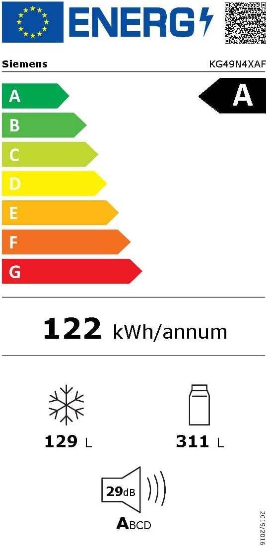 Siemens KG49N4XAF, iQ500, Freistehende Kühl-Gefrier-Kombination, Gefrierbereich unten, 440 l, Total noFrost, hyperFresh, extrem leise, LED Beleuchtung, 203 x 70 cm, Gebürsteter Stahl AntiFingerprint
