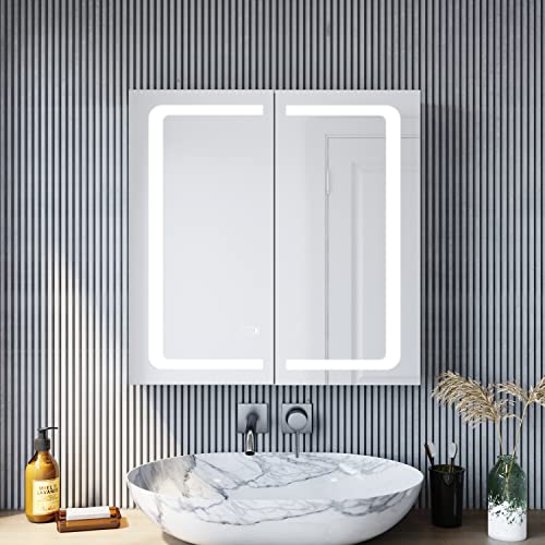 SONNI Armadio specchio LED con illuminazione 65 x 65 cm in alluminio antiappannamento design cerniera wireless, mobile specchio bagno con luce e presa per bagno IP44 impermeabile