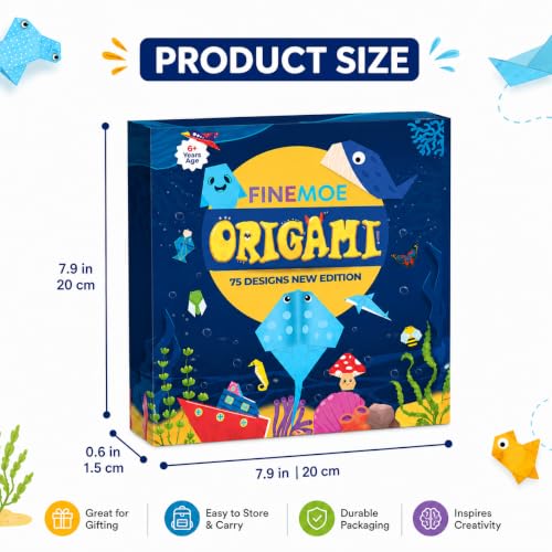 Image of FINEMOE 150 Origami Kit with Instruction Book for Kids - Craft Color Paper Sheets with 75 Design, 18x18 cm DIY Art Colour Paper Activity Kit Set, Return Gift For Birthday Party