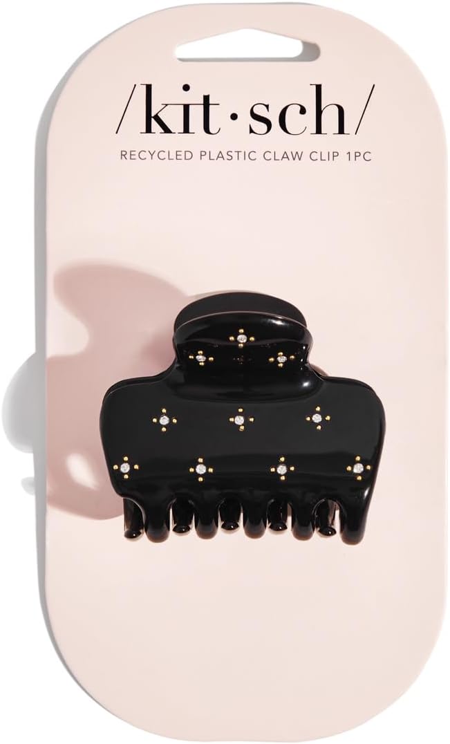 Kitsch Rhinestone Hair Claw Clip, Strong Grip Recycled Plastic Clip for Thick, Curly & Fine Hair, Sparkling Stud Design for Elegant Updos & Half-Up Styles, Medium | Ideal Gifts for Women, Black, 1pc