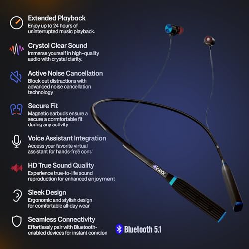 Image of inear MJ-Beat Bluetooth Wireless Neckband Earphones with Mic - Active Noise Cancellation, 24-Hour Music Playback, Type-C Fast Charging, Magnetic Earbuds, Lightweight Design, HD Sound | Blue