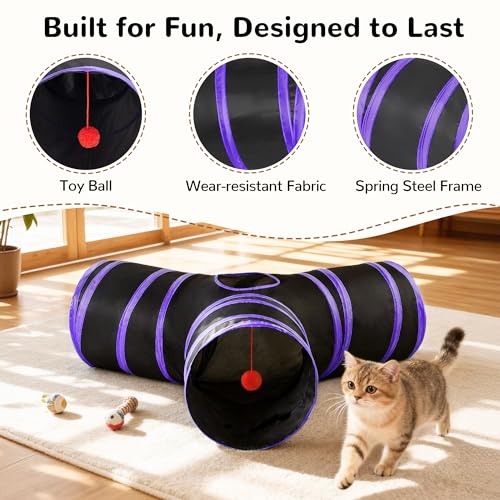 Image of Tempcore Cat Tunnel for Indoor Cats, 3 Way Collapsible Pet Play Tunnel with Teaser Wand, Peek Holes & Hanging Ball, Interactive Tube for Kittens & Rabbits, Black & Purple