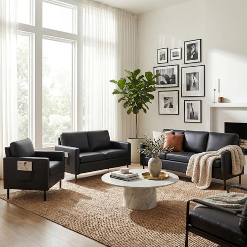 Image of Modern 3-Piece Living Room Set, 72 inch Black Faux Leather Couch 56 inch Loveseat | STHOUYN Small Couch and Chair Set with USB Ports for Small Space, Apartment, Office (Black, 1 Chair + 1 Loveseat + 1 Couch)