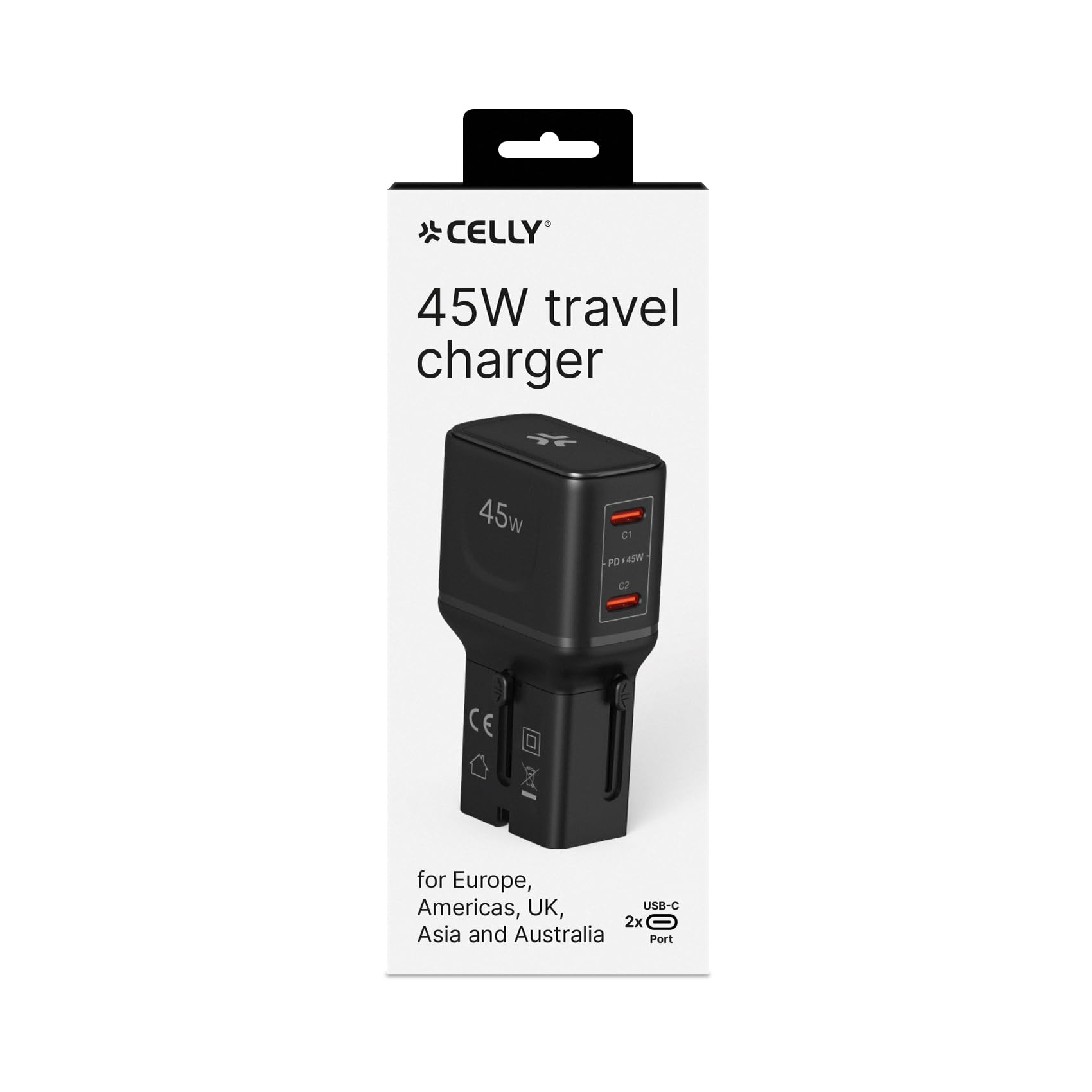 Celly – Adattatore da Viaggio Universale 45W con Doppia Porta USB-C, Compatibile 150+ Paesi, Ricarica Rapida, Design Slim e Sicuro