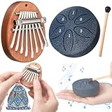 Maasechs 2 Pcs Mini Musical Instruments Mini Kalimba and Rain Drum with Drumstick 8 Keys Finger Thumb Piano and 6 Notes Steel Drum for Christmas Adult Beginners(Navy Blue)