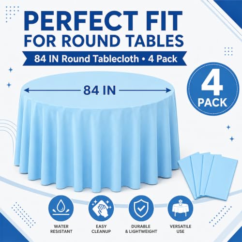 Image of WNINK 4 Pack Light Blue Round Tablecloth, 84 Inch Disposable Plastic Table Covers, Light Blue Round Table Cover for Birthday Parties, Holiday, Picnic, BBQ, Family Gathering Party Supplies