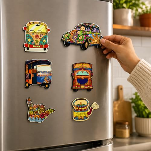 Image of Zesta Wooden Fridge Magnets Set | Refrigerator Decor Magnets for Kitchen | India Souvenir Fridge Magnet Collection | Wooden Magnet for Fridge Door Decoration (Indian Articles)