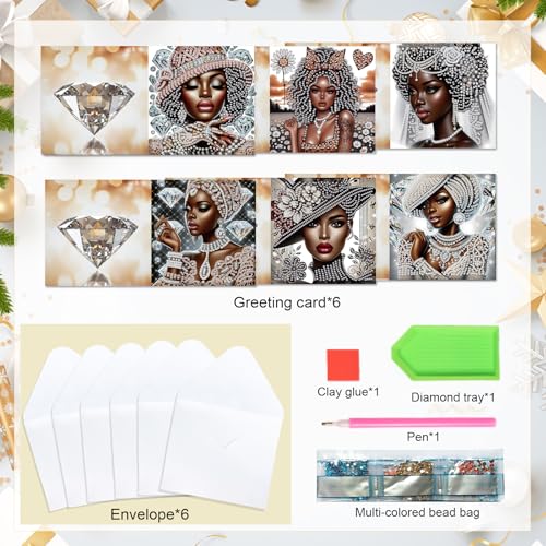 Image of 6 Pcs 5D Rhinestone Painting Greeting Cards Kits, Handmade Festival Greeting Cards with Envelopes Laser Effect DIY Diamond Art Crafts Birthday Cards for Birthdays Celebrations (Elegant African)