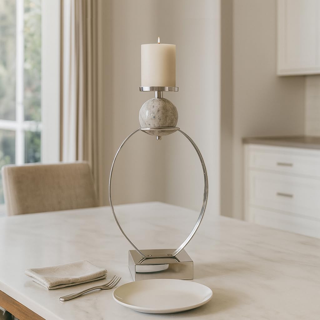 Sculptural Candle Holder with Marble Sphere Accent - Elegant Pillar Candlestick Holder for Table Centerpiece or Entryway Table Decor - Decorative Home Decor Accent for Living Room Styling - 21" Silver