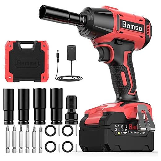 Bamse Llave de Impacto sin Escobillas, Pistola de Impacto Bateria 550Nm con 4,0Ah Batería 21V, 1/2 Pulgada, 3 Velocidad Variable, 4 Vasos, 6 Brocas, 1 Adaptador Hexagonal para Coche y el Hogar