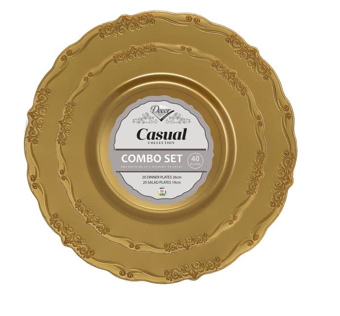 Decor Decorline - Ensemble d'assiettes réutilisables de 40 pièces - Or - Casual Collection vaisselle vintage de haute qualité - Aspect chinois Porcelain - Service pour toutes les occasions et fête