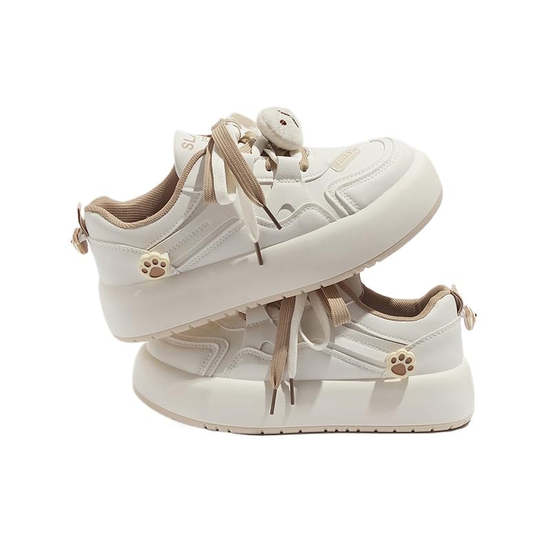 Fish Shoes Walking Sneakers for Women Y2K Platform Khaki White Shoes Soft Comfortable Cute Cartoon Fish Bear Decor Dual Color Laces US4-8