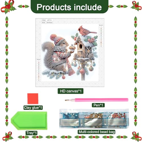 Image of 5D Special Shape Diamond Art Kits for Beginners, Diamond Art Painting Kits for Adults, Crystal Rhinestones Diamond Painting for Home Wall Christmas Decor Gift 11.8x11.8 inch, Christmas Squirrel Bird