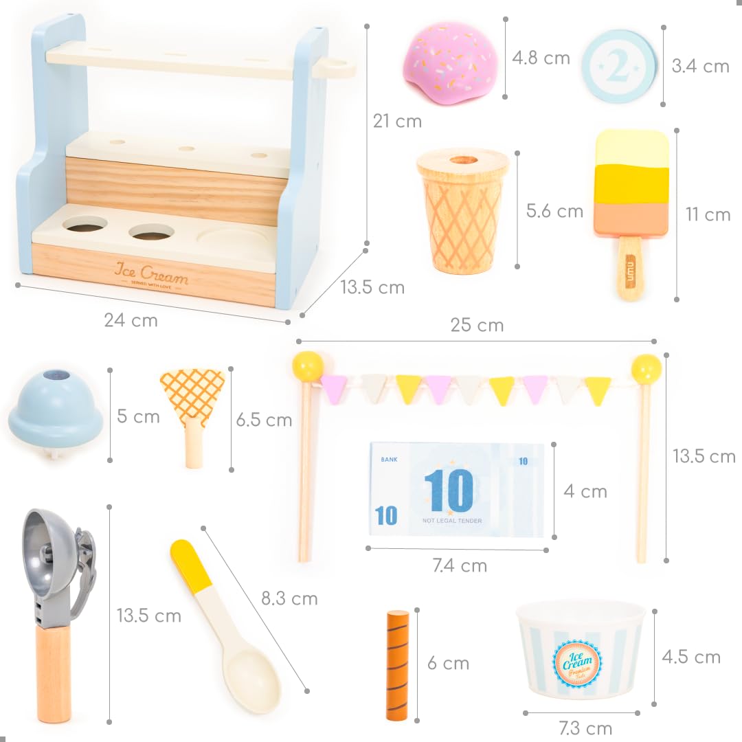 UMU® Kinder Eisdiele aus Holz - Eisladen inkl. Küchenzubehör, Spielgeld, Menükarte usw., Kinderküche Kaufläden & Zubehör zum Rollenspiel, 37-TLG. Holzspielzeug für Kinder ab 3 4 5 6 Jahren