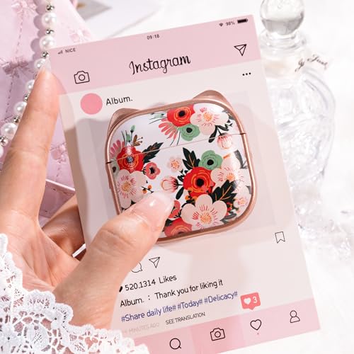 Image of for AirPods 4 Case with Cleaning Kit, Cute Cat Ear Print Design & Cute Buckle, Inverted Phone Holder Design, Top Safe Lock Buckle Design, for Girls AirPods 4 case 2024, Rose Gold Flower