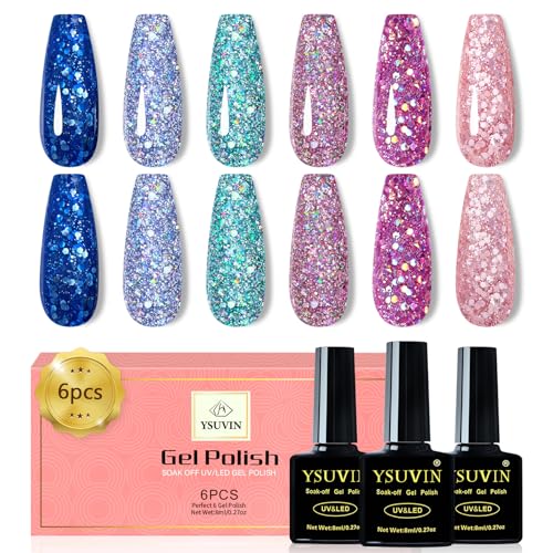 Yueshop Glitter Gel Nail Polish Set - 6 Pcs 8ml Purple Pink Blue Green Sparkle Silver Glitter Nail Polish Soak Off UV Gel Nails Lamp Varnish Manicure Kit For Beauty