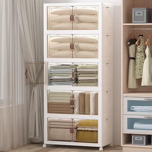 Image of UAMFURI Stackable Storage Bins with Lids, 840QT Closet Organizers and Storage Cabinet with Doors & Wheels, Lockable Plastic Foldable Drawers for Bedroom Dorm Office Garage(168QT*5,White)