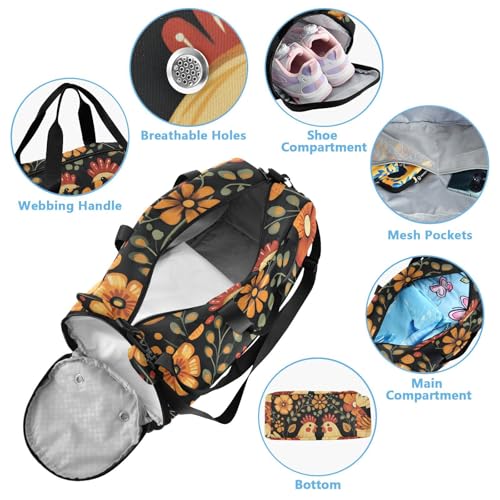 Kids Sports Duffel Bag for Boys & Girls - Cute Floral Chickens Leaves 100% Polyester Gym Bag with Separate Shoe Compartment, Adjustable Shoulder Strap, Compact Travel & Workout Gear Bag4