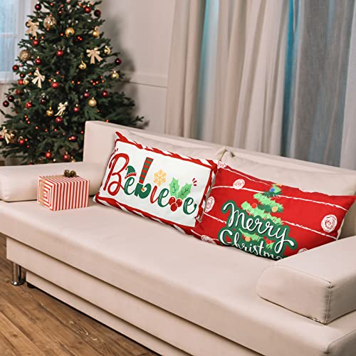 Moukeren-2-Pcs-Christmas-Pillow-Covers-12-x-20-Inch-Throw-Pillow-Covers-Winter-Holiday-Cushion-Lumbar-Pillow-Covers-Red-Green-Believe-Merry-Christmas-Xmas-Case-for-Rectangle-Sofa-Couch-Decorations Moukeren 2 Pcs Christmas Pillow Covers 12 x 20 Inch Throw Pillow Covers Winter Holiday Cushion Lumbar Pillow Covers Red Green Believe Merry Christmas Xmas Case for Rectangle Sofa Couch Decorations
