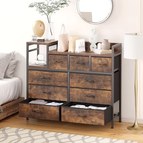 GarveeHome 9-Drawer Storage Bedroom Dresser TV Stand | Multi-Functional with Built-in Charging Station, Tall Dresser for Closet Organization, Kids Room & Apartments, Rustic Brown