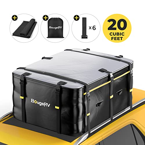 BougeRV 20 Cubic Feet Rooftop Cargo Carrier Bag with Anti-Slip Mat Waterproof Car Roof Soft-Shell Bag Cargo Luggage Storage Bag for Cars with or Without Side Rails for Camping, Ski Trips and Vacation