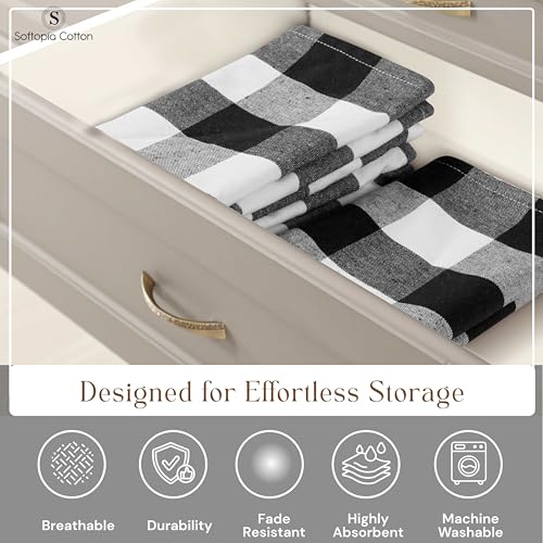 Image of Black Buffalo Plaid Kitchen Dish Towels, 4 Pack, 100% Cotton, 16x26 Inches, Super Absorbent, Quick Dry, Soft, Durable, Dish Drying & Cleaning Towels with Hanging Loop, Black & White