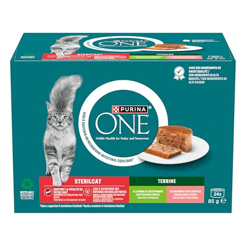Purina One Sterilcat Cibo Umido per Gatti Adulti con Tacchino e Spinaci e Salmone e carote, 24 lattine da 85g