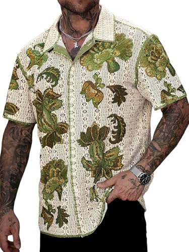 ZAFUL Mens Summer Striped Shirts Button Down Short Sleeve Hollow Out Shirts