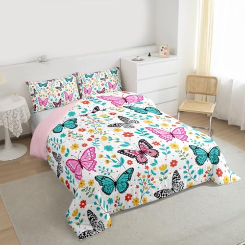 Image of Erosebridal Colorful Butterflies King Size Comforter Set for Kids Teens Adults,Cartoon Floral Bedding Sets,Flying Butterfly Duvet Insert,Garden Flower Quilt Bedroom Decor
