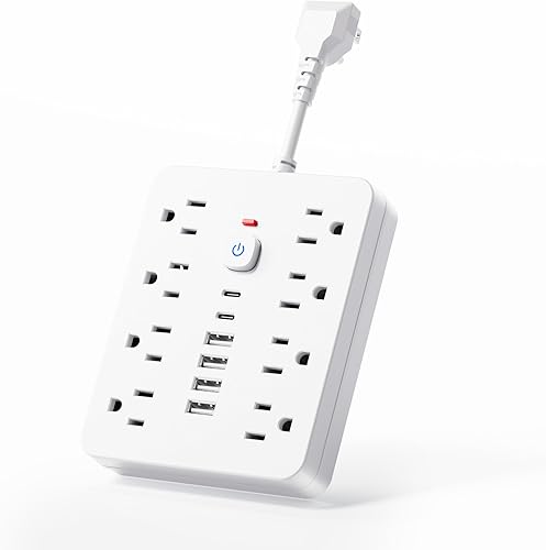 Regleta protectora de sobretensiones, cable de extensión con 8 salidas de CA, 6 puertos USB (2 USBC) e interruptor de un solo toque, extensor de
