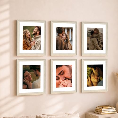 Image of Art Street 8x10 Picture Frame Set of 6, Display Pictures 5x7 with Mat or 8x10 Without, Gallery Wall Frame Set for Wall or Tabletop Display, Engineered Wood with Shatter Resistant Plexiglass, Off White