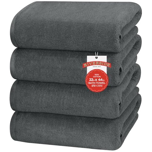 RIVERSIDE 100% Ring-Spun Cotton Bath Towels Set of 4 22 x 44 - Soft, Quick Dry & Highly Absorbent Towels for Shower & Bathroom - 450 GSM Lightweight Cotton Towels for Spa, Gym, Hotel - (Grey)