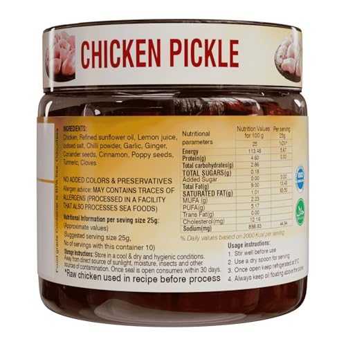 Image of MAHIKA FOODS Chicken Pickle, Andhra Style Homemade Fresh Chicken Pickles, Murgh Achar Authentic Taste of Kerala, Hot & Spicy, with Guntur Flavor, No Added Preservatives, Size: 250 Gm