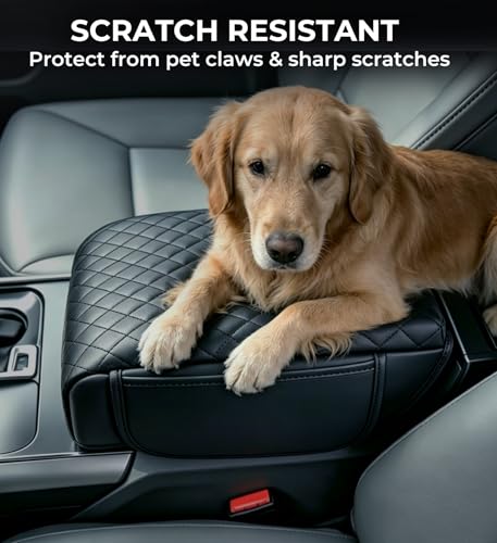 Image of Center Console Cover for Ford F150 2026 2025 2024 2023 2022 2021, Fits Bucket Seat Only, 1.2-Inch Thick PU Leather Armrest Cushion Protector with 2 Side Pockets for 2021-2026 F-150, Black