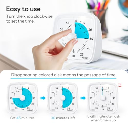 Image of Yunbaoit Visual Timer with Night Light, 60-Minute Countdown Timer for Kids and Adults, Silent Classroom Timer, Time Management Tool for Home, School, or Work (Light White)