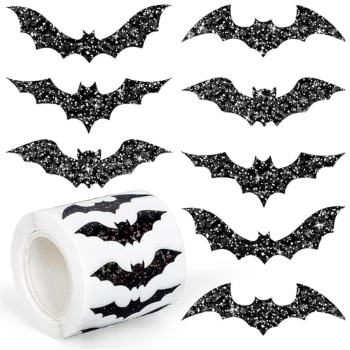 500 PCS Halloween Bats Stickers Roll Laser Bats Waterproof Decals 3 Designs Sparkly Self-Adhesive Stickers for Halloween Cards Invitation Envelope Sealing Gift Wrapping Supplies (Black White)