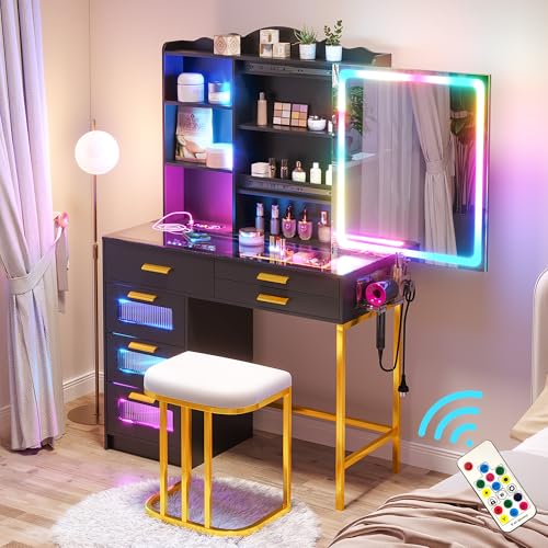 HENBC Vanity Desk with Sliding Mirror and Glass Desktop, LED Vanitys Mirror with RGB Lights Desk and Chair, Dressers Table Set with Charging Station/Makeup Organizer/6 Drawers for Bedroom(Bl