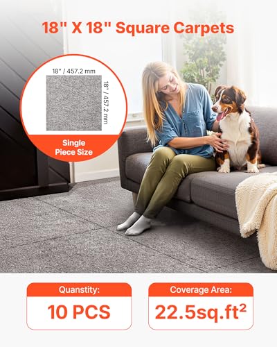 Image of VEVOR Carpet Tiles 18x18 inch, 10 Pack Carpet Square Rug Detachable & Damage-Free, Self Adhesive Home Floor Soft Plush Padded for 22.5sq.ft Coverage, Easy DIY for Living Room & Bedroom, Dark Brown