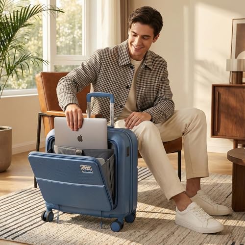 Image of Urban Jungle by Safari, Overnighter Cabin Trolley Bag with Laptop Compartment, Hardside Polycarbonate Small (55 Cm) Suitcase with USB Charging Socket, 8 Silent Wheel Luggage for Both Men&Women (Blue)
