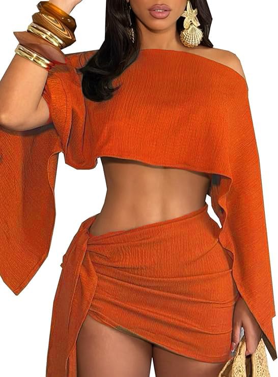 JYAOVO Womens 2 Piece Outfits Batwing Off Shoulder Irregular Crop Top and Mini Skirt Set Sexy Matching Sets Orange Size M