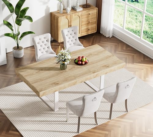 Image of Oak Dining Room Table Set for 4, 5-Piece 63 inch-78.74 inch Extendable Dining Table Set with 4 Upholstered Chairs, Rectangle Wooden Expanding Kitchen Table and Beige Chairs Set