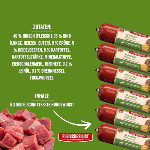 Fleischeslust Hundewurst | Wild & Rind mit Kartoffel & Heidelbeere | Futterbox (8x400g) | Nassfutter | schnittfest | getreidefrei | Alleinfuttermittel für ausgewachsene Hunde