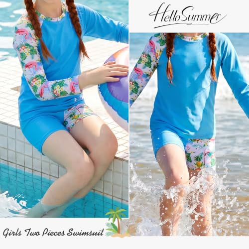 Image of Girls Swimsuit Two Piece Rash Guard Set for 4-14 Years UPF 50+ UV Protective Long Sleeve Swimwear
