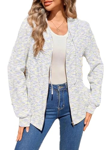 SHEWIN Fall Shacket Waffle Knit Hooded Jacket Zip...