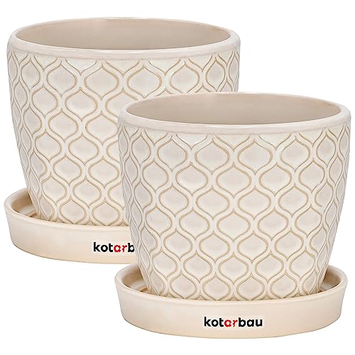KOTARBAU® 2er Set Keramik Blumentopf ⌀ 12 cm Übertopf für Pflanzen Cremefarben Vintage mit Tropfschale Fischschuppenmuster