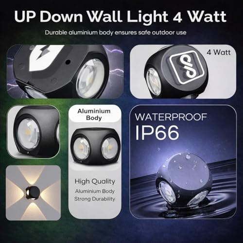 Image of One94Store LED Outdoor UP Down Wall Light 4 Watt Rainproof & Shockproof Aluminium Body 4 Way Exterior Wall Step Light Fixture (Warm White) Pack of 1 with 3 Month Warranty