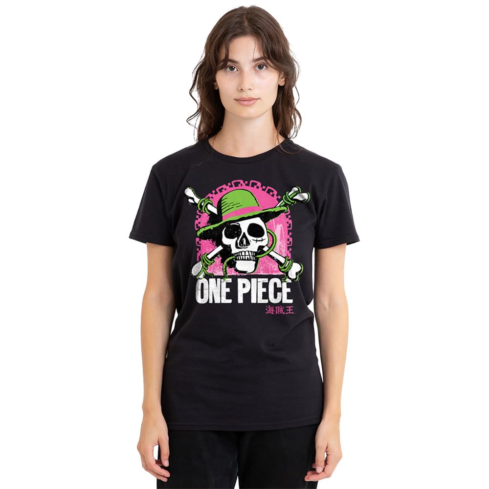 One Piece Bright Jolly Roger Ladies T Shirt, Black, XX-Large