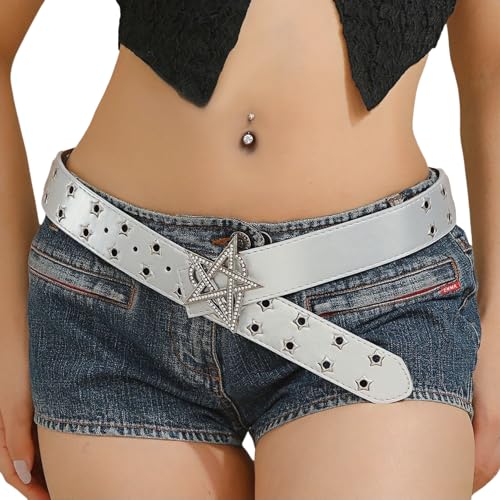 Punk Star Rivets Grommet Leather Belt for Women Girls Y2K Sparkly Rhinestone Waist Belts Studded Waistband
